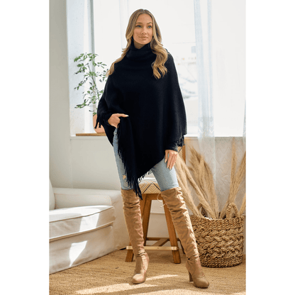 Cozy Sweater Cowl Neck Poncho With Fringe Trim