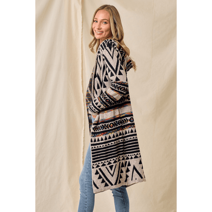 Hooded Boho Assymetric Print Cardigan