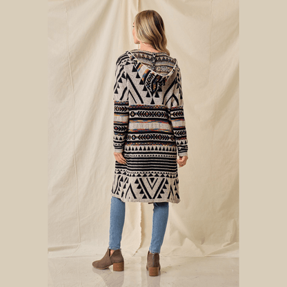 Hooded Boho Assymetric Print Cardigan