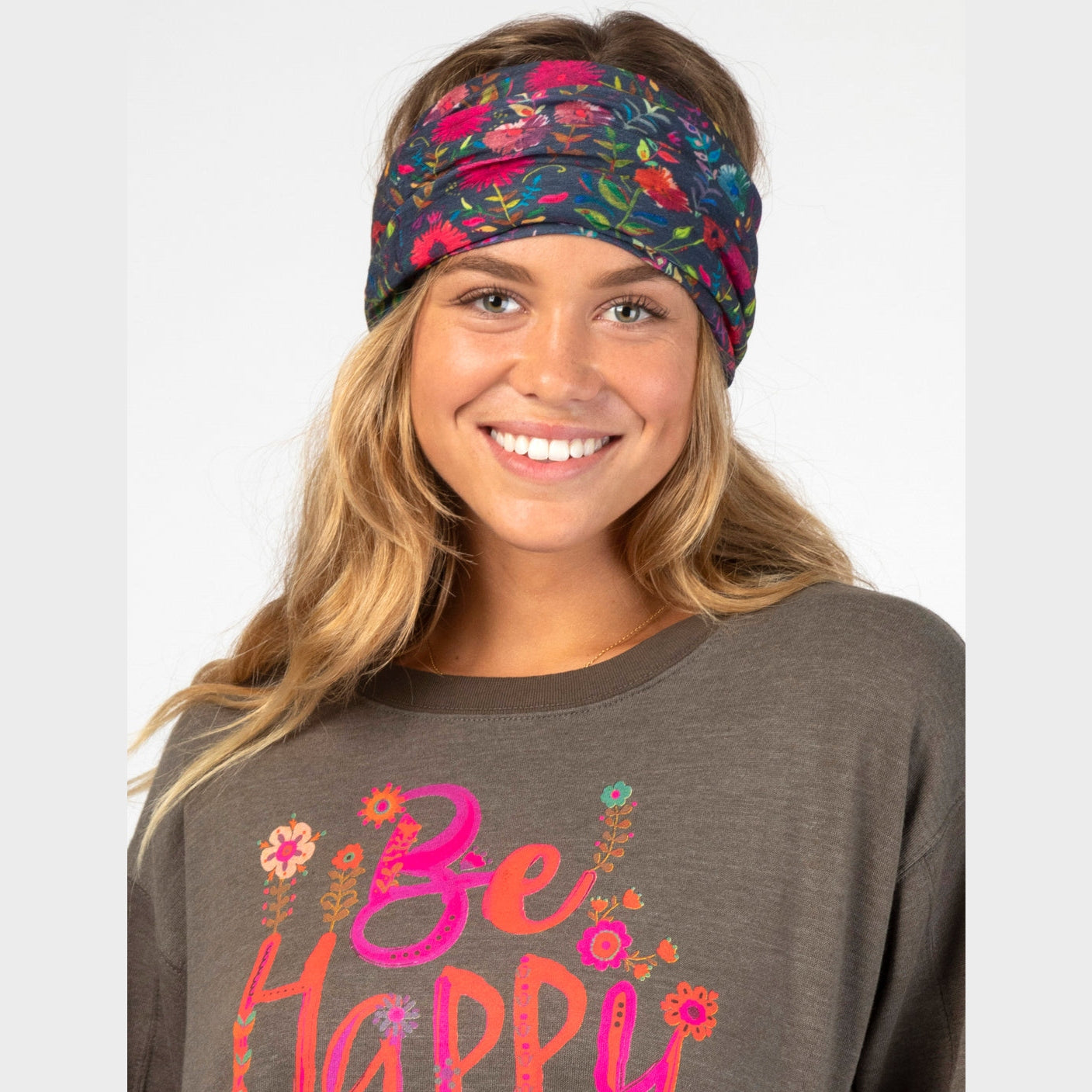 Fleece Boho Bandeau® Headband - Navy Wildflower