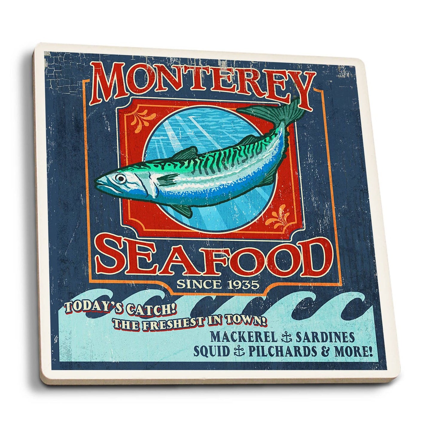 Ceramic Coaster Monterey, California, Seafood Vintage Sign