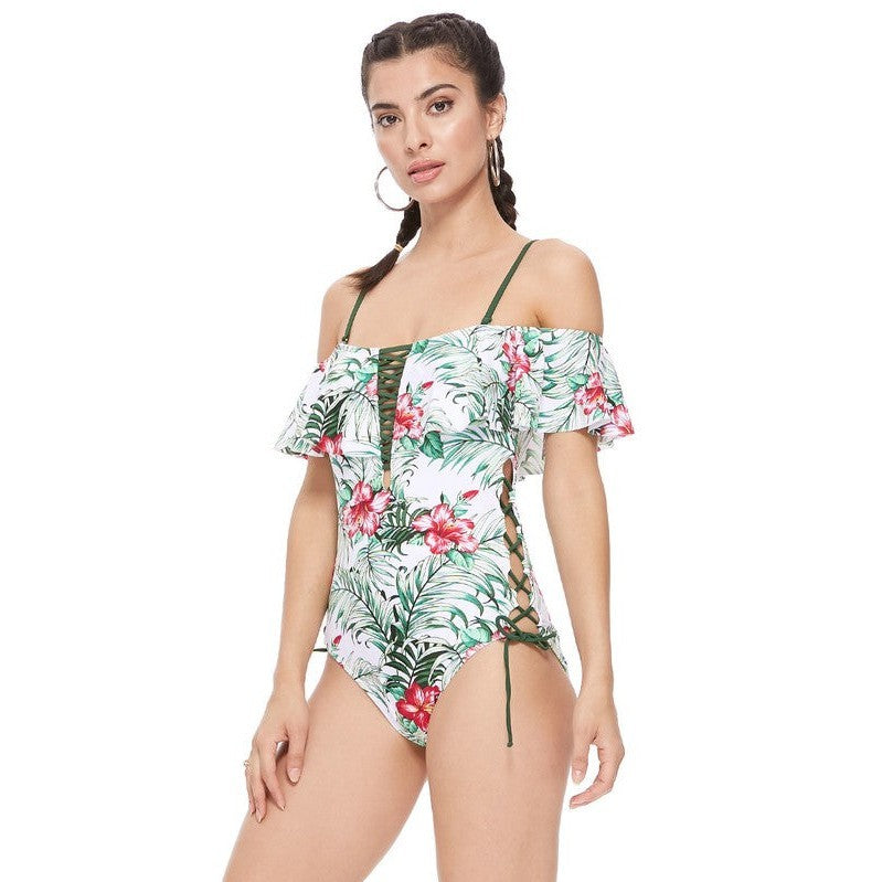 Tropical Ruffled Lace Up One Piece Swimsuit
