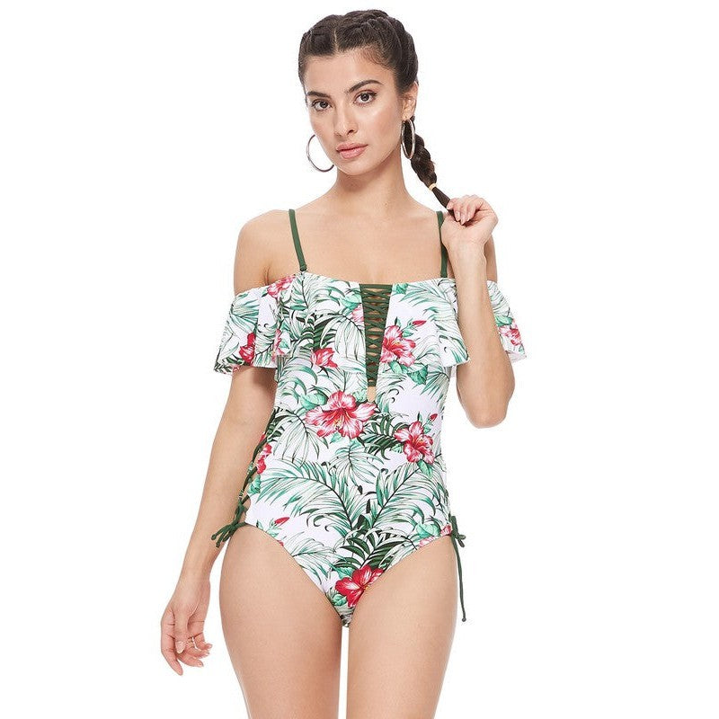 Tropical Ruffled Lace Up One Piece Swimsuit