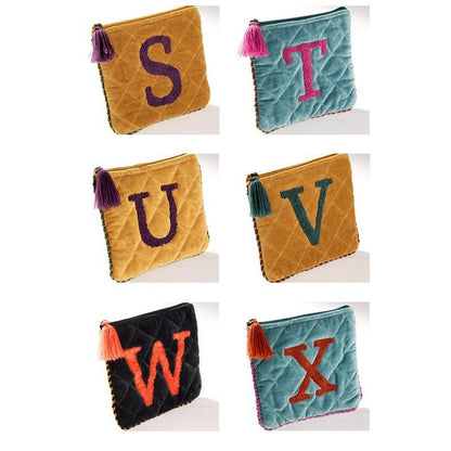 Hand Embroidered Initial Velvet Pouch