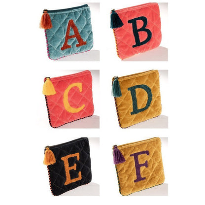 Hand Embroidered Initial Velvet Pouch