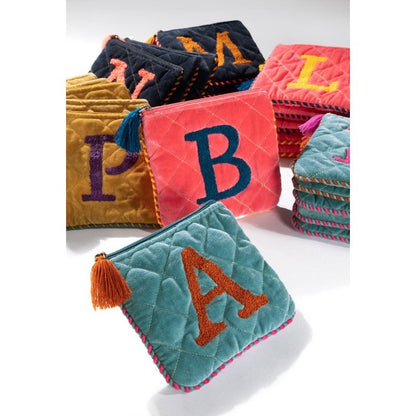 Hand Embroidered Initial Velvet Pouch