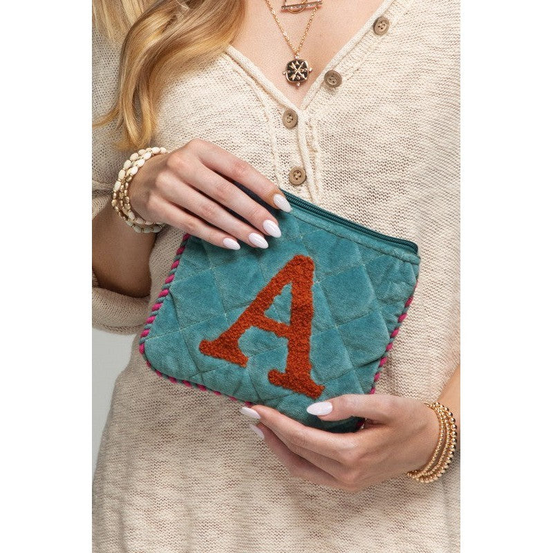 Hand Embroidered Initial Velvet Pouch