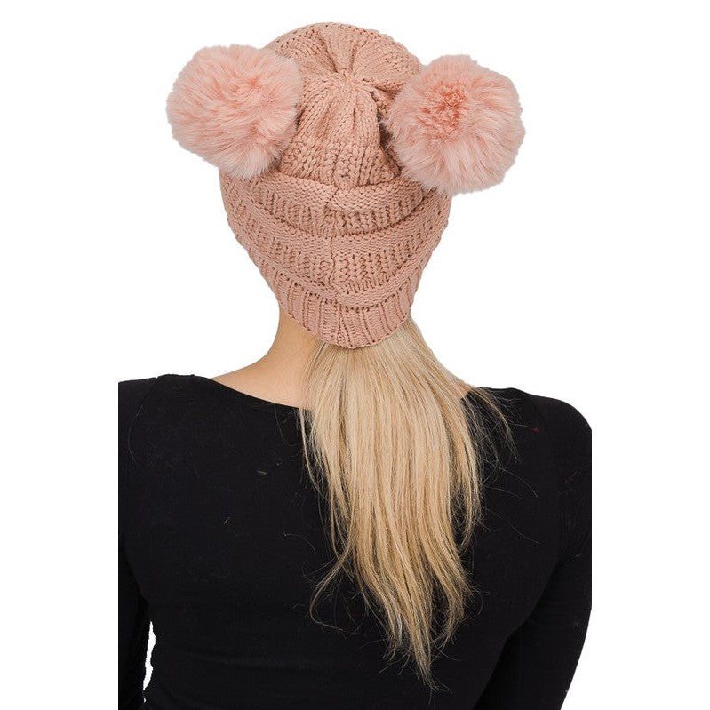 Cable Knit Double Pom Beanie