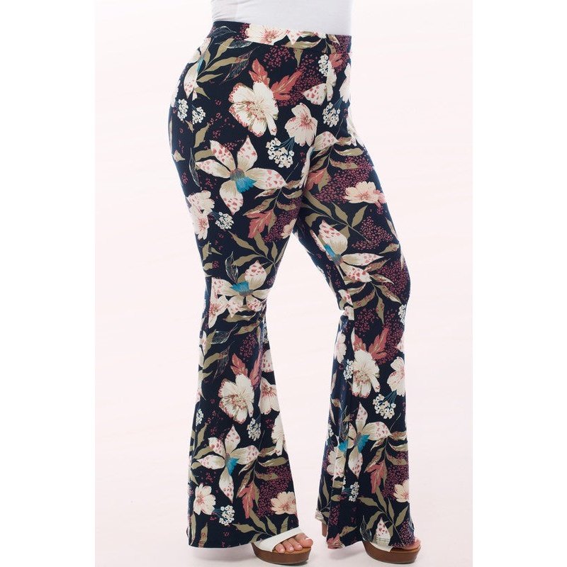 Navy Floral Stretch Flare Pants