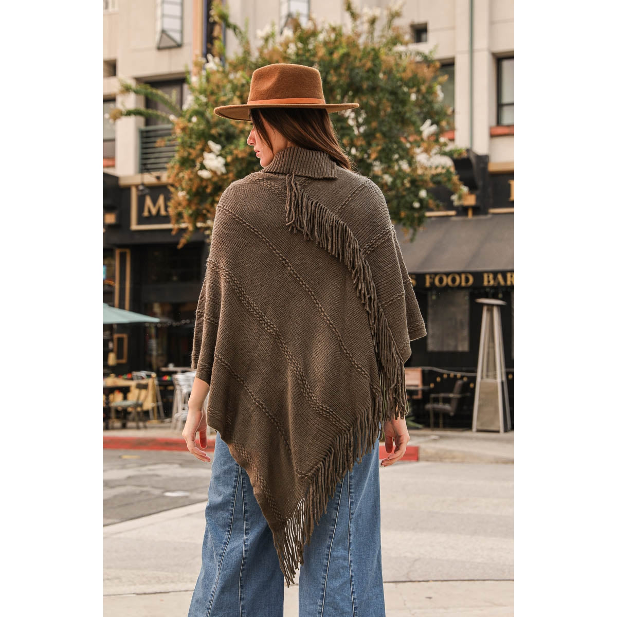 Button Neck Fringe Poncho