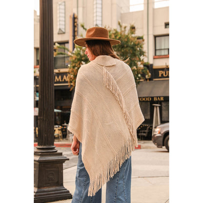 Button Neck Fringe Poncho