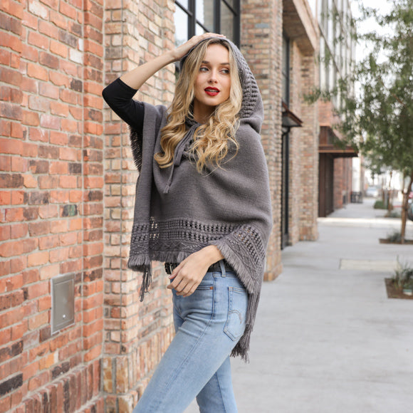 Lace Up Knit Poncho with Hood