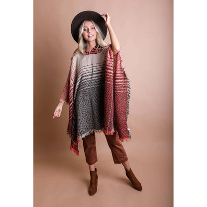 Herringbone Tweed Hooded Frayed Edge Poncho