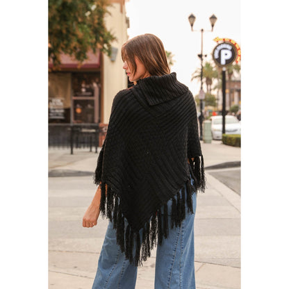 Cable Knit Poncho With Tassels
