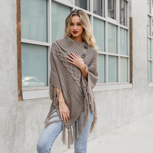 Cable Knit Poncho With Tassels