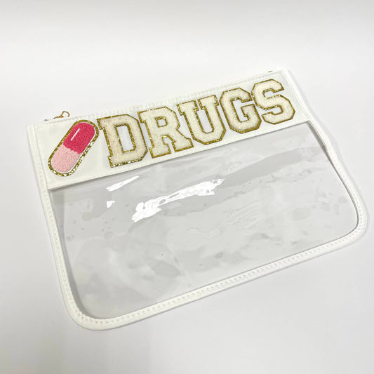 Drugs Pill White/Clear Nylon Pouch Chenille Letters