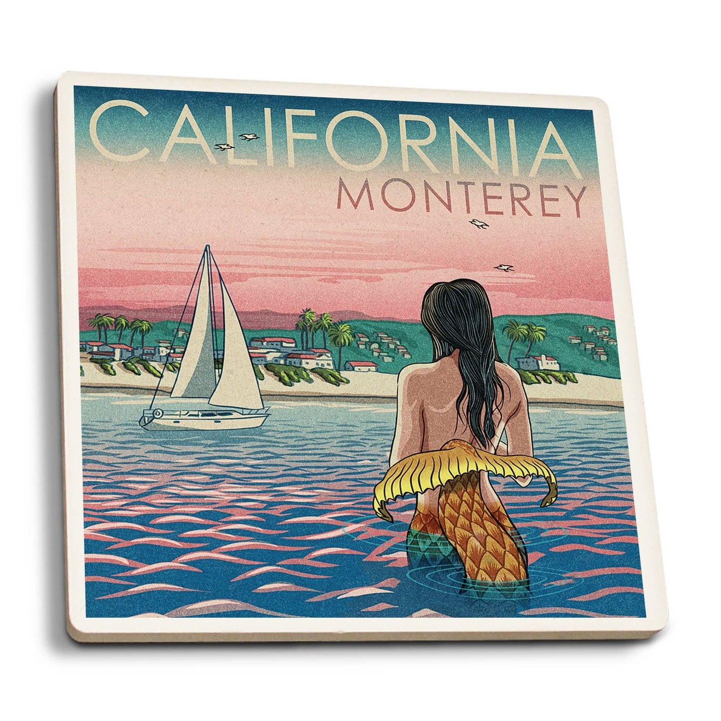 Ceramic Coaster Monterey, California, Mermaid and Beach, …