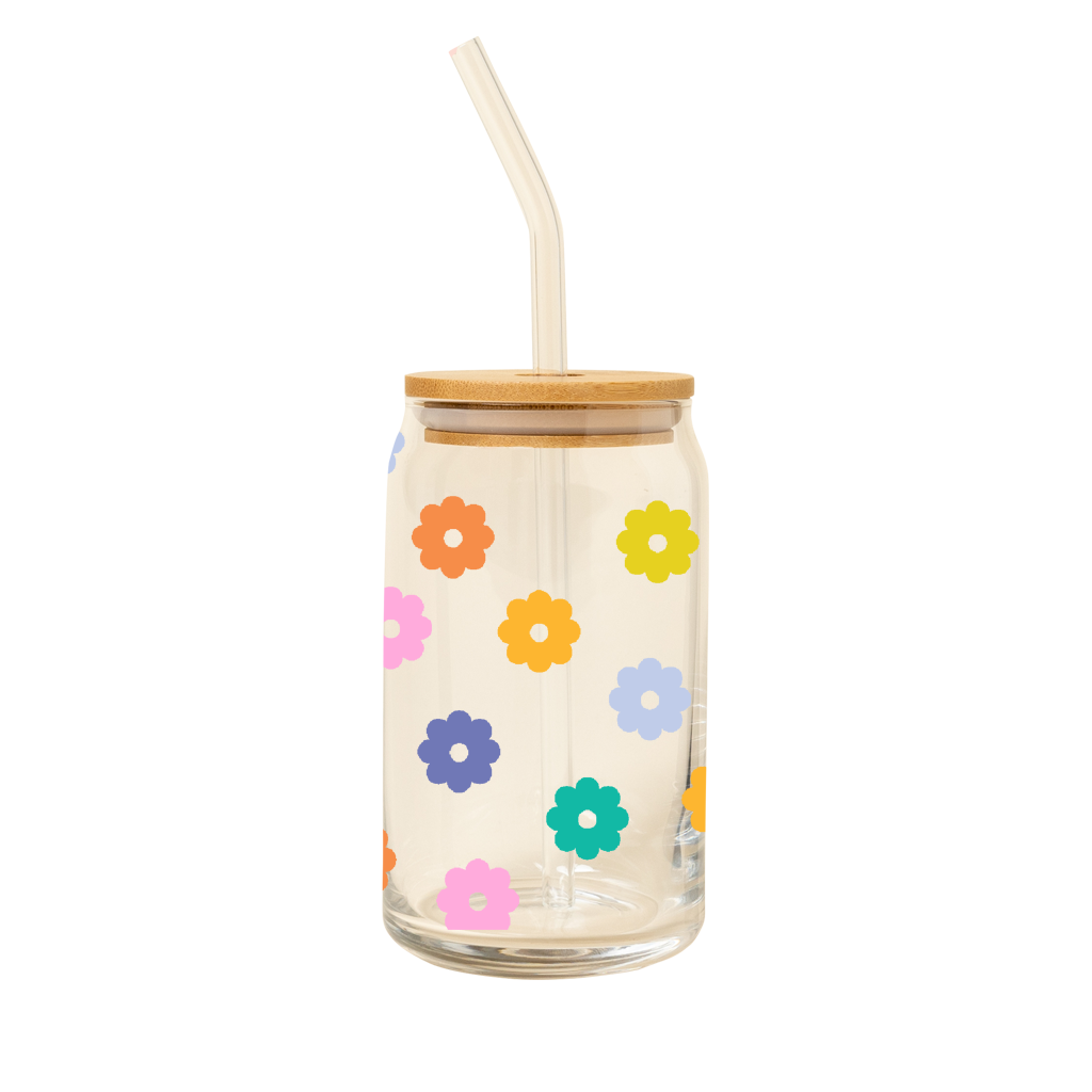 Can Glass w/Lid + Straw - Daisies