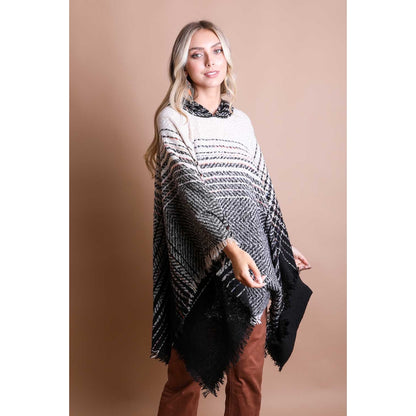 Herringbone Tweed Hooded Frayed Edge Poncho