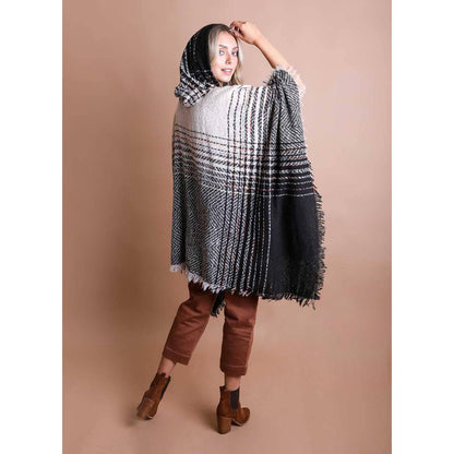 Herringbone Tweed Hooded Frayed Edge Poncho