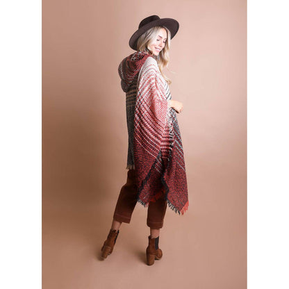 Herringbone Tweed Hooded Frayed Edge Poncho