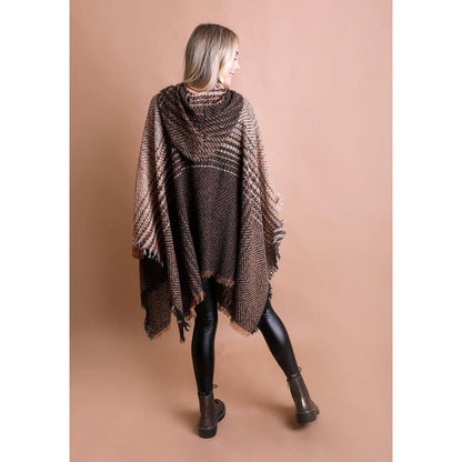 Herringbone Tweed Hooded Frayed Edge Poncho