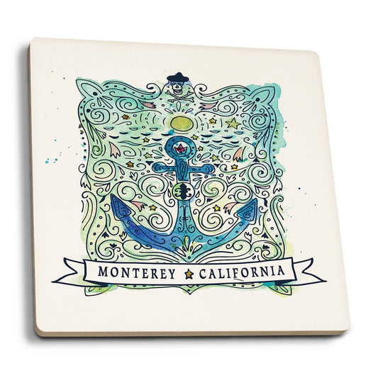 Ceramic Coaster Monterey, California, Watercolor Anchor, …